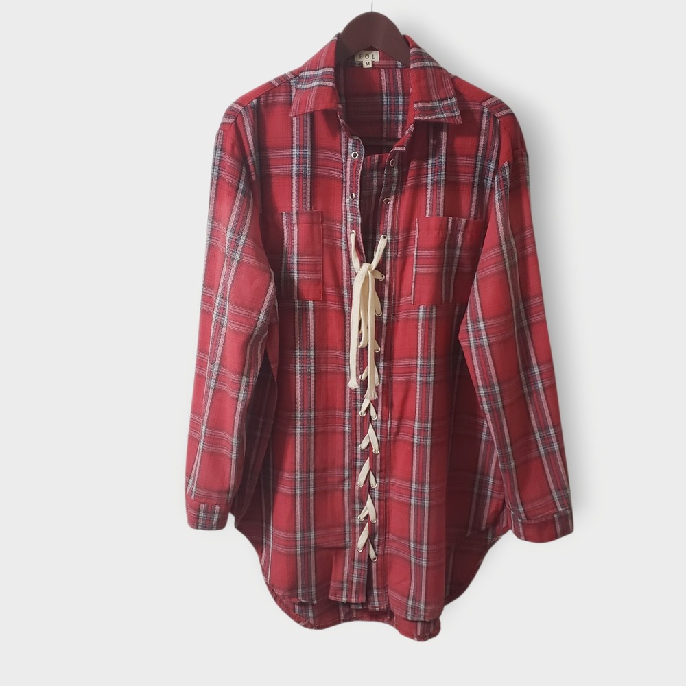 POL Red Plaid Lace Up Oversized Flannel  Tunic Shirt Side Split Sz Medium Grunge